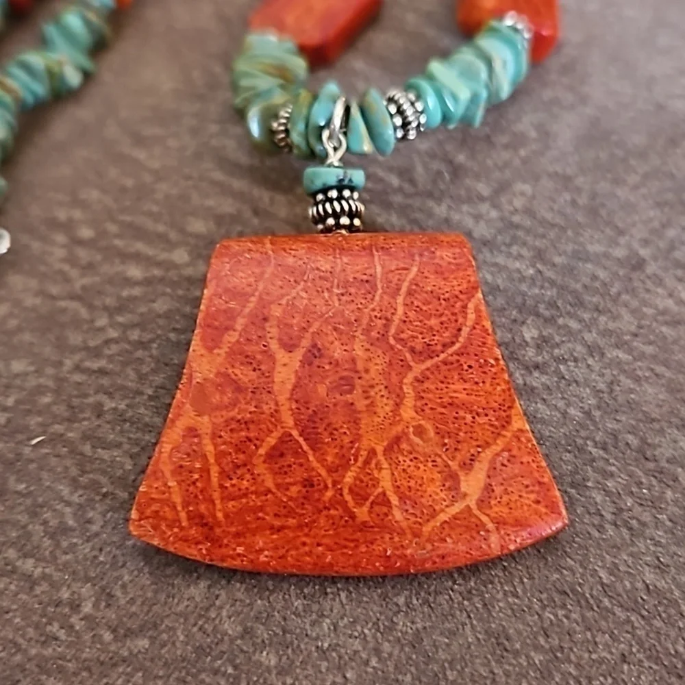 Vintage HANDMADE Coral and Turquoise Beaded Pendant Necklace